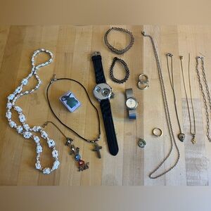 Vintage Costume Jewelry Mixed Bundle- Watches Choker Jade Cross Chains 15 Pieces